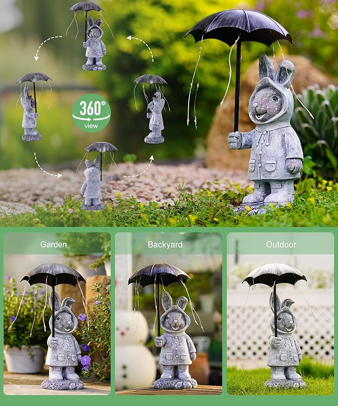Solar Rabbit Garden Statue Outdoor Decor, Bunny Figurines Lights with Umbrella for Outside Yard Lawn Ornaments,Gifts for Mother's Day Birthday Easter Housewarming(Grey)