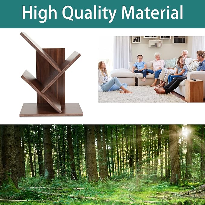 Tree Bookshelf, 3-Tier Small Book Storage Organizer Shelves Floor Standing Bookcase, Wood Storage Rack for Office Home School Shelf Display for Cd/Magazine（Dark Walnut ）