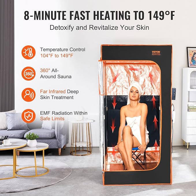 VEVOR Infrared Portable Sauna Tent, 1400W Personal Sauna Kit for Home Spa Heated Body Therapy, Time & Temperature Remote Control with Chair & Floor Mat, Black, 2.9’x 2.9’x 5.8’