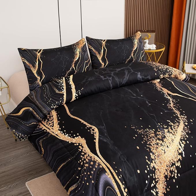 Tailor Shop Marble Bedding Set Soft Microfiber Black and Gold Comforter Set Queen Size for Kids Men and Women with 1 Marble Comforter and 2 Pillowcases…