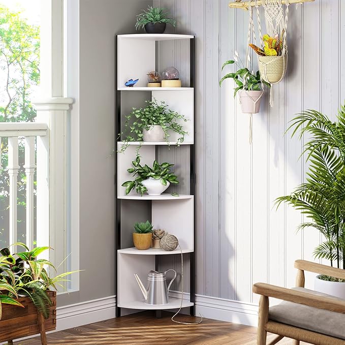 YITAHOME 6-Tier Corner Shelf, 68.8" Tall Modern Free Standing Zigzag Corner Bookshelf, 6 Shelf Display Corner Bookcase Open Small Book Shelves for Living Room, Home Office, Small Space, White