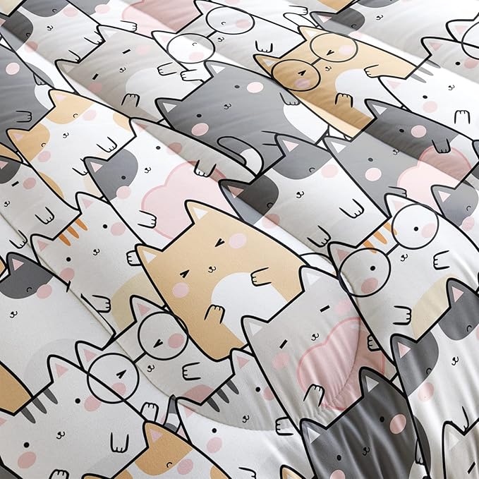 Kawaii Cat Comforter Twin Size,Cats Comforter Set for Kids Teens Girls Boys,3Pcs Bedding Set Printed Comforter with 2 Pillowcases,Down Alternative,Soft and Lightweight，Twin Size