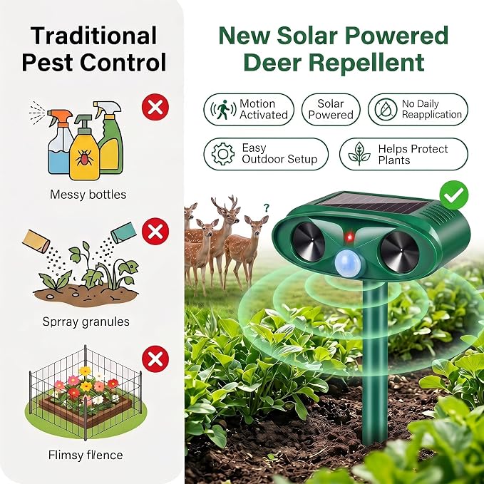 Ultrasonic Deer Repellent Device for Plants Garden Solar Animal Repellent Outdoor with Motion Activated for Rabbit Cat Deterrent Raccoon Squirrel Fortress Pro Keep Pest Out of Yard,4 Pack