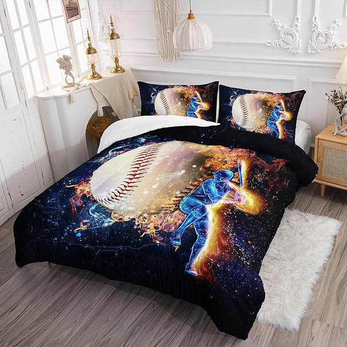 Axolotl 3D Baseball Comforter Set Twin,Sports Bedding,Red Blue Water Fire Comforter Set,Sports Baseball Loveer Bedding Set,Sport Game Comforter for Kids Boys Teens Adults,1 Quilt 2 Pillowcases