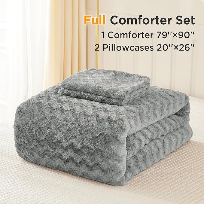 Andency Gray Fleece Comforter Set Full, 3 Pieces Fluffy Fuzzy Faux Fur Bedding Comforter Set, Plush Shaggy Warm Sherpa Bed Comforter Sets for Winter