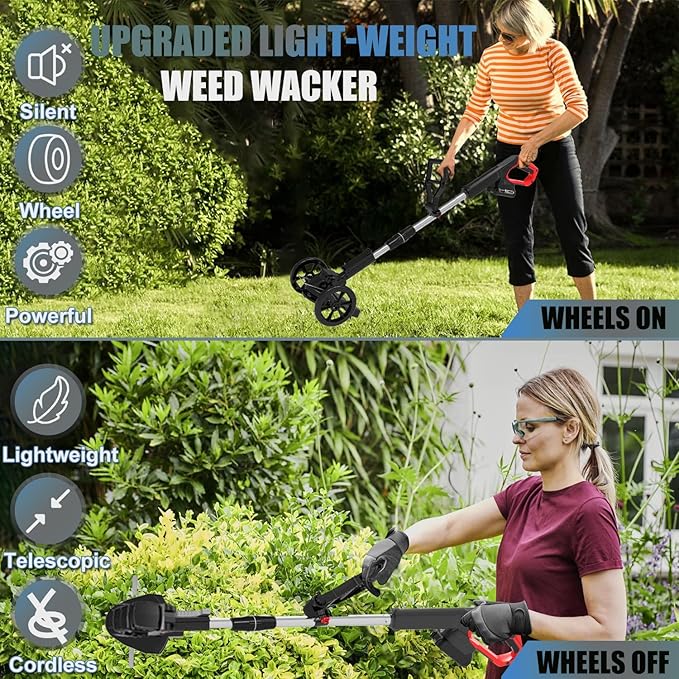 Weed Wacker Battery Powered, Electric Cordless Weed Trimmer with 21V Battery Operated & Charger & 25 Blades, No-String Brush Cutter/Lawn Edger/Grass Trimmer for Garden Yard