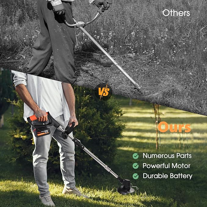 21V Electric Weed Eater, Cordless Brush Cutter Trimmer with Adjustable Pole & Battery-Powered, Lightweight & Low Noise, Foldable 3-in-1 Weed Wacker for Outdoor, Garden and Yard Use