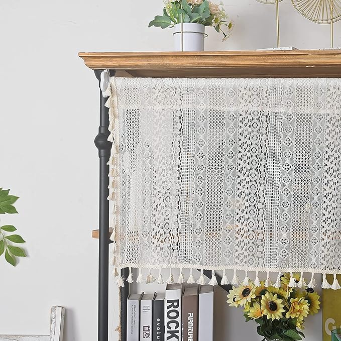 Sutuo Home Boho Sheer Curtain Valance Tier Crochet Lace with Bohemian Hollow Knitted Handmade Tassels, Short Farmhouse Window Treatment for Kitchen Cafe, Rod Pocket, 1 Panel 59" W x 36" L, Beige