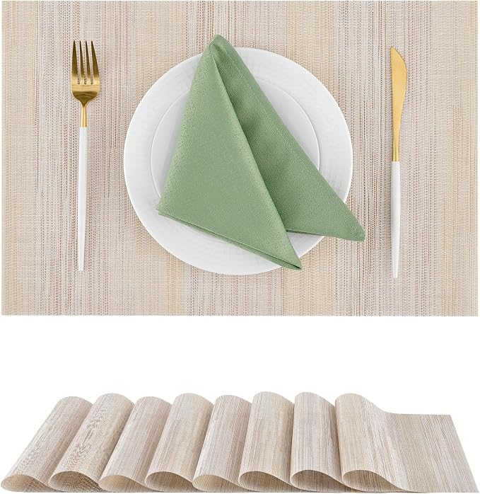 Leetaltree Lightsteel Beige with Yellow Placemats Set of 8 - Heat Resistant Non-Slip Place mats for Dining Table, Washable Durable PVC Vinyl Woven Table Mats (Lightsteel Beige with Yellow, 8)