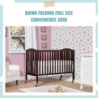 Folding Full Size Convenience Crib In Espresso, Two Adjustable Mattress Height Positions, Comes With Heavy Duty Locking Wheels, Flat Folding Crib