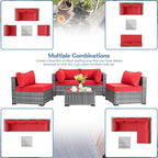 Shintenchi 5 Pieces Outdoor Patio Sectional Sofa Couch, Silver Gray PE Wicker Furniture Conversation Sets with Washable Cushions & Glass Coffee Table for Garden, Poolside, Backyard (Red)