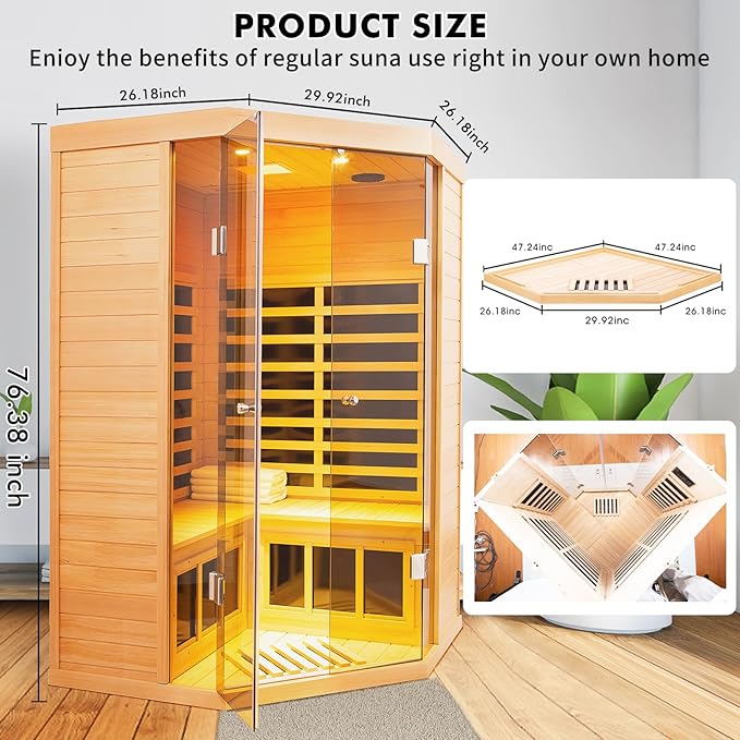 Infrared Sauna 2-3 Person Infrared Saunas for Home, Indoor Corner Sauna Spa Low Emf Infrared Sauna with 7 Color Therapy Dry Sauna for Home,2 Bluetooth Speakers, 2 LED Reading Lamp