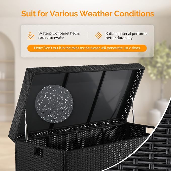 VINGLI Upgraded Version 132 Gallon Outdoor Storage Box, Patio Rattan Deck Box, Wicker Storage Bench for Indoor, Outdoor, Pool, Balcony, Yard, Garden, Black