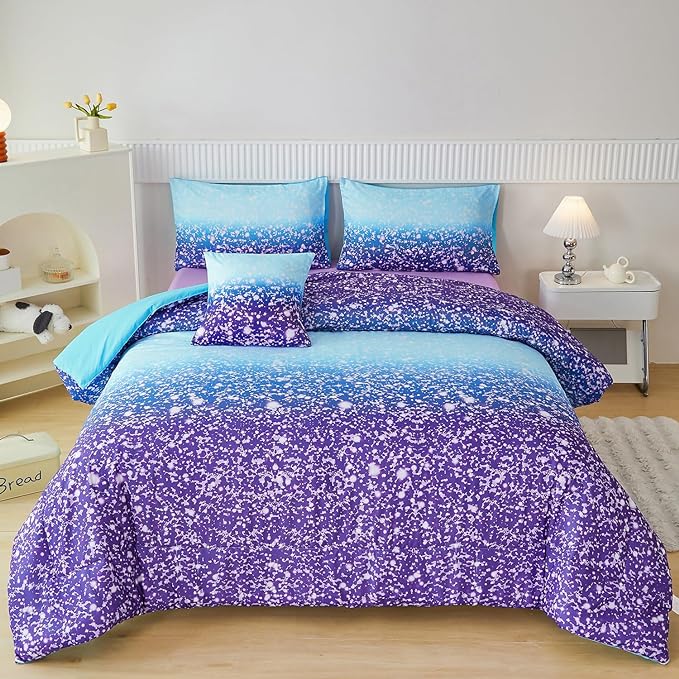 PERFEMET Blue Purple Girls Twin Comforter Set with Sheets, 6Pcs Glitter Tie Dye Rainbow Kids Girls Bedding Sets, Sparkle Gradient Ombre Bed in A Bag for Bedroom Decor