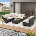 8 Pieces Patio Furniture Set All-Weather Outdoor Wicker Sectional Conversation Sofa Rattan Patio Seating Sofa with Cushion and Glass Table for Porch Poolside,Beige
