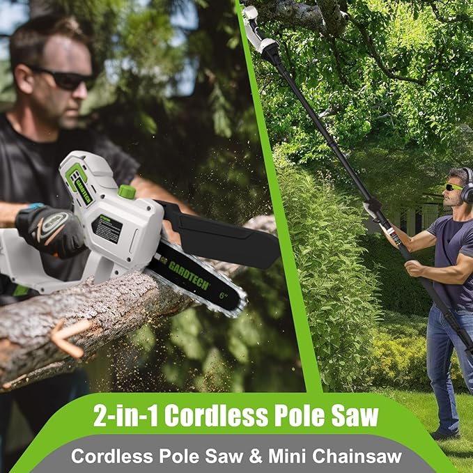 Gardtech 20V MAX* Brushless Cordless Pole Saw + 6 Inch Mini Chainsaw Cordless, 99-inch Max Reach & Multi-Angle for Tree Branches Pruning, Wood Cutting(2.0Ah Battery and Charger Included)