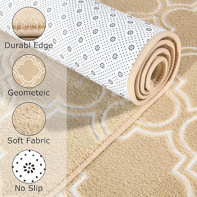 Chicrug Shag Geometric 2x6 Runner Rug for Bedroom, Modern Memory Foam Indoor Hallway Runner Carpet, Fluffy Rug for Living Room Bedside Room Decor for Family, Beige/White