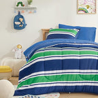 SLEEP ZONE Teens Boys Green Navy Stripe Kids Jersey Knit Comforter Set, Cute & Soft Bedding Set 2 Pieces with Comforter and Pillowcase, Washable, Easy Care (Rugby Stripe Navy/Green, Twin)