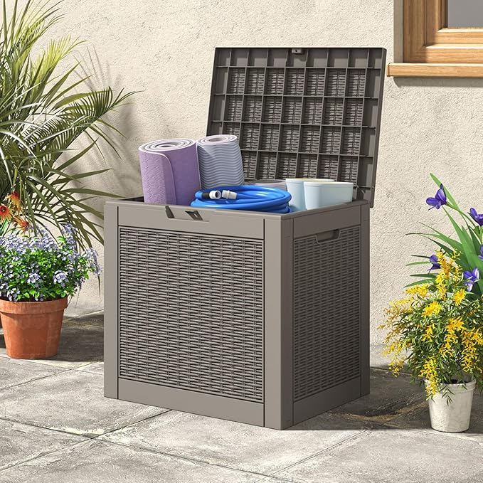 NUNU LAB 30 Gallon Waterproof Resin Deck Box, Lockable Outdoor & Indoor Storage Bench for Patio Cushions, Garden Tools, Pool Accessories & Package Deliveries – Grey