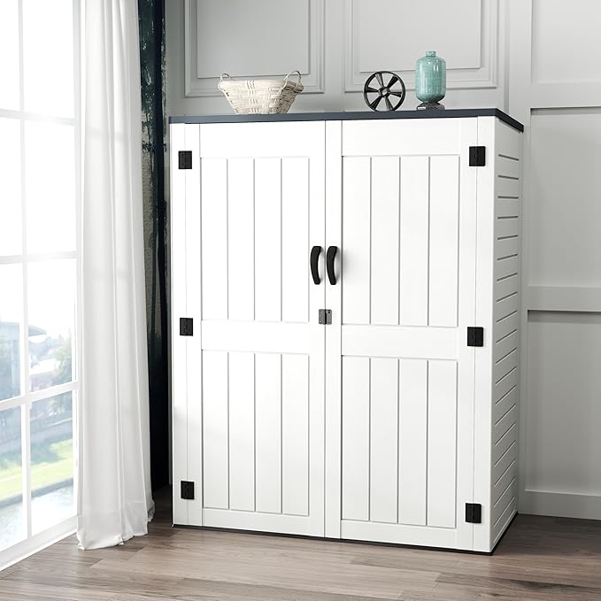 4.5 x 5.7 FT Outdoor Storage Shed, 59 Cuft Outside Waterproof Storage Cabinet, HDPE Resin Plastic 385 Gallon Outdoor Storage Container, Vertical Lockable Storage Shed, Light Grey