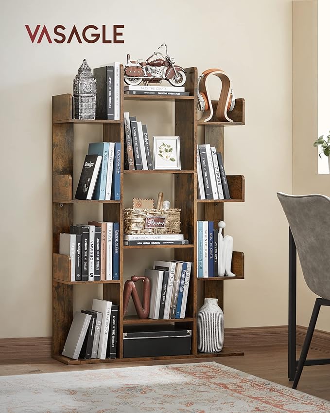 VASAGLE Bookshelf, Tree-Shaped Bookcase with 13 Storage Shelves, Rounded Corners, 9.8”D x 33.9”W x 55.1”H, Rustic Brown ULBC67BXV1