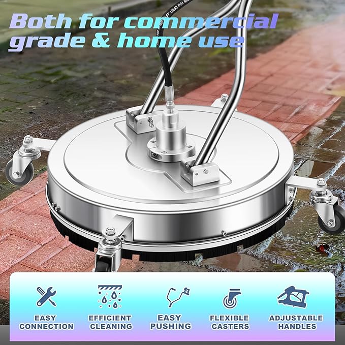 20" Pressure Washer Surface Cleaner, Stainless Steel Dual Handle Power Pressure Washer Attachment for Driveway Concrete Patio Cleaning, 4 Replacement Nozzles
