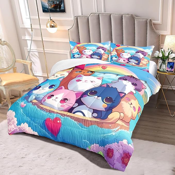 Cat Bedding Set Queen Size - Cute Girls Bedding Cat Comforter Set for Kids Teens Girls Cartoon Animal Print Cat Quilt Soft Breathable Kid Comforter Set, 1 Comforter 2 Pillowcase