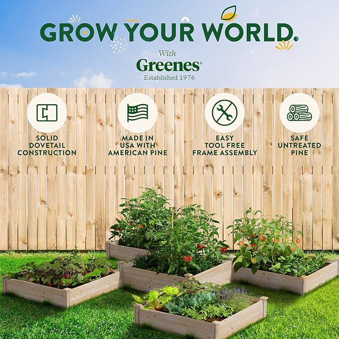 Greenes Fence Original Pine Raised Garden Bed, 80 Sq. Ft. 12' x 12' x 10.5-14" - Made in USA with American Pine