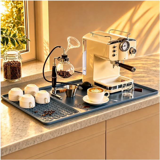 2 In 1 Extra Large 16"x24" Silicone Coffee Bar Mat Accessories Heat Resistant for espresso Machine with Detachable Dish Drying Rug Kitchen Office House Home Essentials Barista Stuff Women Gifts