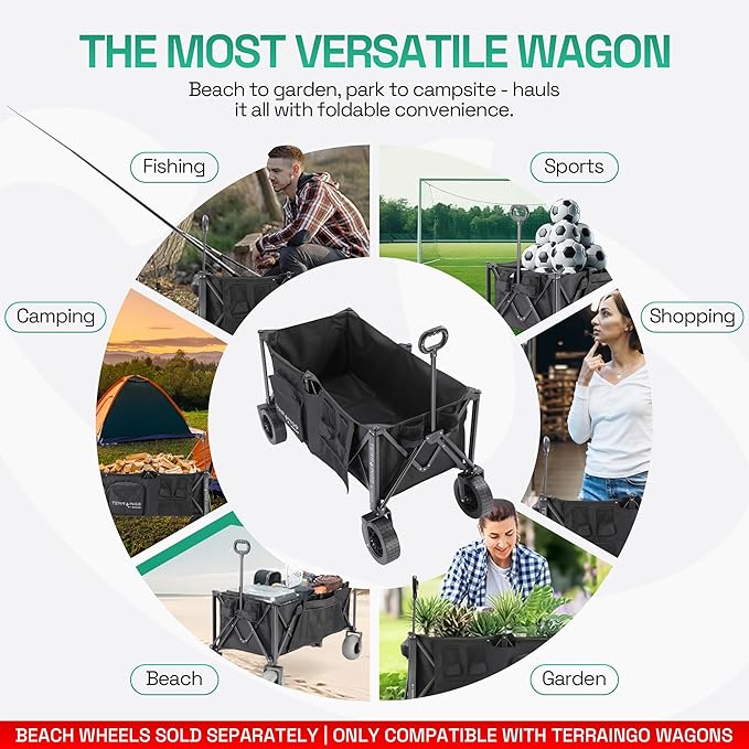 Foldable Beach Wagon Cart- Interchangeable All Terrain Wheels- 12" Beach Wheels Optional- Patent Pending- Gardening, Fishing, Shopping-Built-in Insulated Cooler Pouch, More Storage Pockets, Cupholders