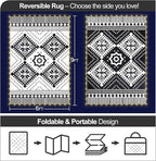 6x9ft Waterproof Outdoor Rug with LED Lights, Boho Reversible Plastic Straw Mat for Patio RV Camping Picnic Balcony Beach Deck Indoor Outdoor Carpet, Black&White