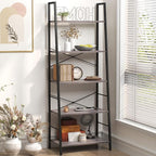 Yusong Bookshelf, Ladder Shelf 5-Tier Bookcase for Bedroom, Industrial Book Shelves Storage Rack with Metal Frame for Home Office, Gray