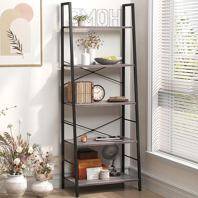 Yusong Bookshelf, Ladder Shelf 5-Tier Bookcase for Bedroom, Industrial Book Shelves Storage Rack with Metal Frame for Home Office, Gray