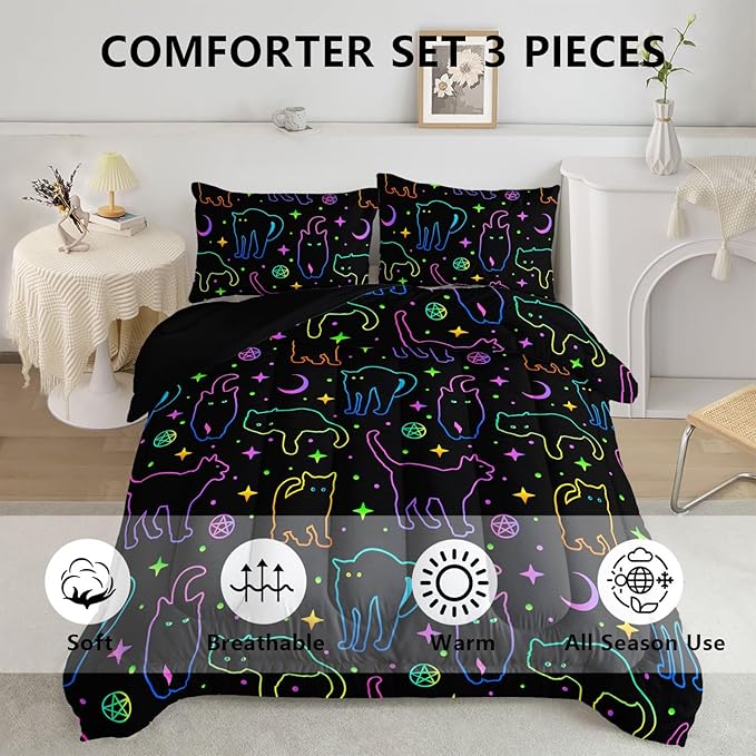 Black Cat Bedding Cartoon Cat Comforter Set Full,Moon Stars Printed Kids Bedding Set for Boys Girls Adults Room Decor,Kids Comforter Set All Season,1 Quilt 2 Pillow Cases,Neon Color Purple Blue Green