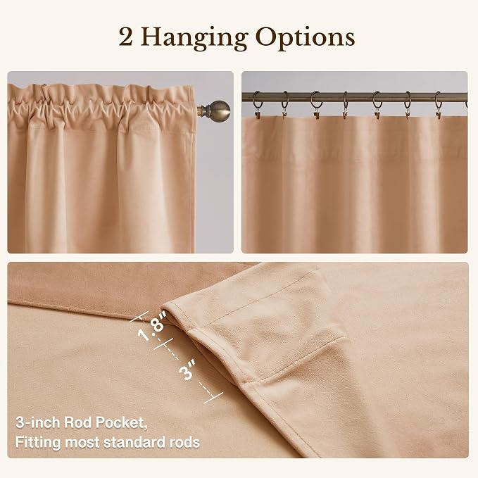 Blush Beige Velvet Window Valance 52x18 Inch 1 Panel | Soft Wavy Scalloped Window Treatment for Kitchen Small Windows, Elegant Half Window Drape for Bathroom, Cabinet