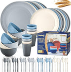Wheat Straw Dinnerware Sets,64-Piece Plates and Bowls Sets for 8-Unbreakable,Reusable Plastic Dish Set-Dinner Plate/Dessert Plate/Cereal Bowl/Cup/Utensils-Microwave Dishwasher Safe 64P-Seaside color