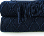 inhand Knitted Throw Blankets for Couch and Bed, Soft Cozy Knit Blanket with Tassel, Dark Blue Lightweight Decorative Blankets and Throws, Farmhouse Warm Woven Blanket for Men and Women, 50"x60"