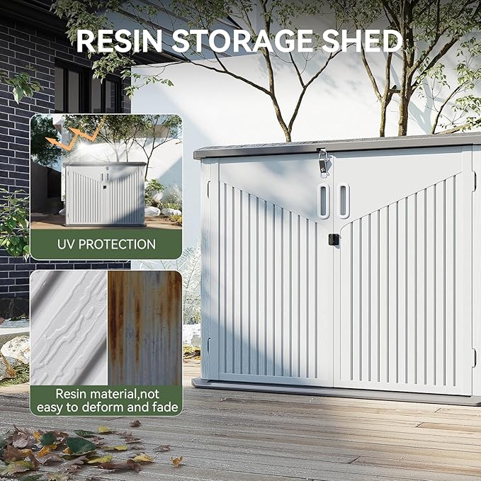 Aoxun 35 Cu.Ft Outdoor Storage Shed, Waterproof Horizontal Resin Cabinet for Trash Cans, Lawn Mowers, Generators, and Garden Tools, White