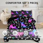 Cute Cat Comforter Kids Bedding Set Full,3Pcs Soft Paw Fish Bone Print Quilt Set Bed in A Bag with 1 Comforter 2 Pillowcases for Kids Boys Girls Teens Adults Room Decor All Season Gradient Purple Blue