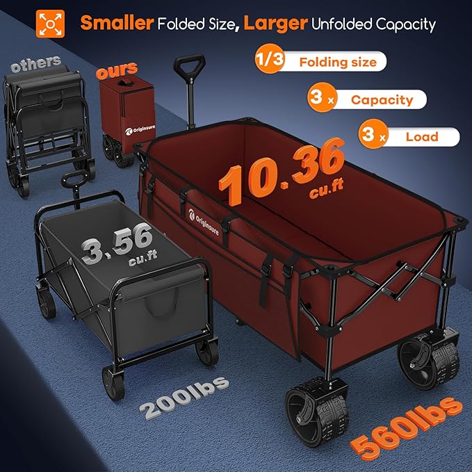 48" L Collapsible Wagon Cart Foldable, 560lbs Weight Capacity 300L Heavy Duty Folding Beach Wagons with Big All-Terrain Wheels, Utility Carts for Groceries, Shopping, Camping, Sports - Red