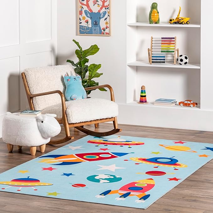 nuLOOM Eddie Outer Space Machine Washable Kids Ultra Thin Area Rug, 3' x 5', Light Blue Multi