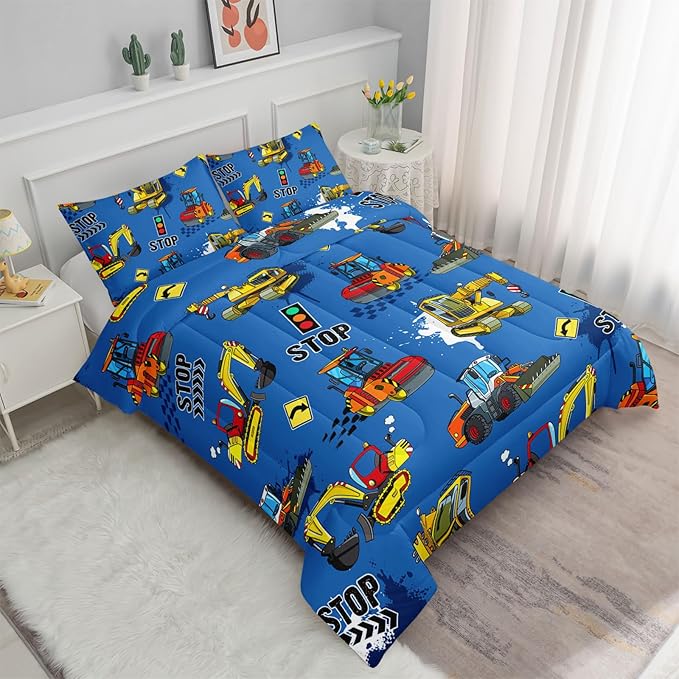 Axolotl Bedding Set, Twin, Blue Excavator, 3Pcs Boys Comforter, Polyester, All Seasons, Machine Wash, Bedding Set for Kids Children Teens Bedroom Decor