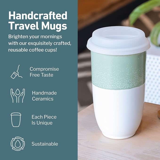 NOVA CERAMICS Travel Mug - Tea Tumbler– Microwave & Dishwasher Safe Coffee Mug Green & White Tumbler - Gifts For Women Men Him Her – 16oz – Sage Green