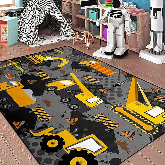 Construction Rugs for Boys Room Play Rug for Cars and Trucks Car Rug Play Mat Kids Rugs for Playroom Car Rug for Boys Room Construction Decor for Boys Room,Grey 5'×7'