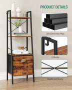 Narrow Bookshelf Bookcase with Drawer, Ladder Shelf with 2 Hooks, Bookshelves Storage Organizer, Freestanding Display Standing for Home Office, Bedroom, 4 Tier Rustic Brown BC19401B