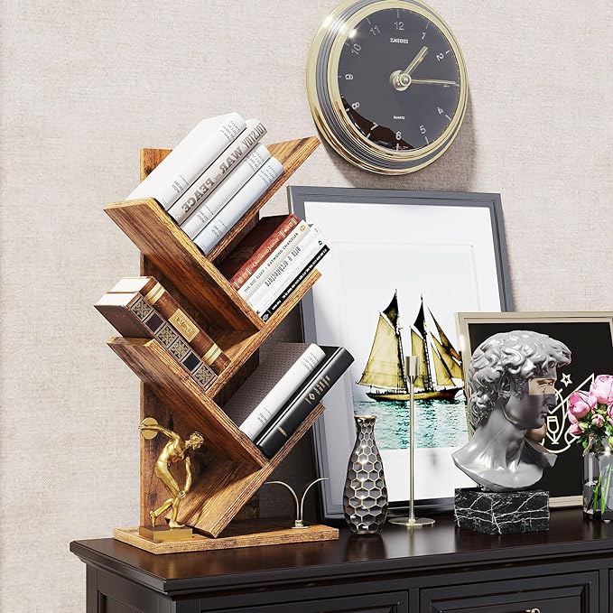 YMYNY 4 Tier Tree Bookshelf, Small Bookcase, Modern Wood Book Storage Rack, Freestanding Book shelf for Books/Movies/CDs, Narrow Display Rack for Living Room, Home Office, Rustic Brown UHBC014H