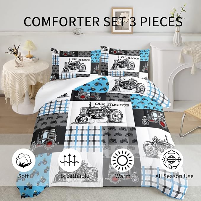 Axolotl Tractor Comforter Set Queen Size,Cartoon Truck Car Comforter Set for Boys,Farm Excavator Bedding Set with Old Tractor for Kids Boys Teens Adult All Season,1 Quilt 2 Pillowcases