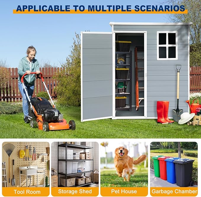 JT 5×3ft Resin Outdoor Storage Shed,Outdoor Storage Shed with Floor & Window to Store Patio Furniture, Garden Tools Bike Accessories, Beach Chairs and Lawn Mower. (Grey, 5ft*3ft)