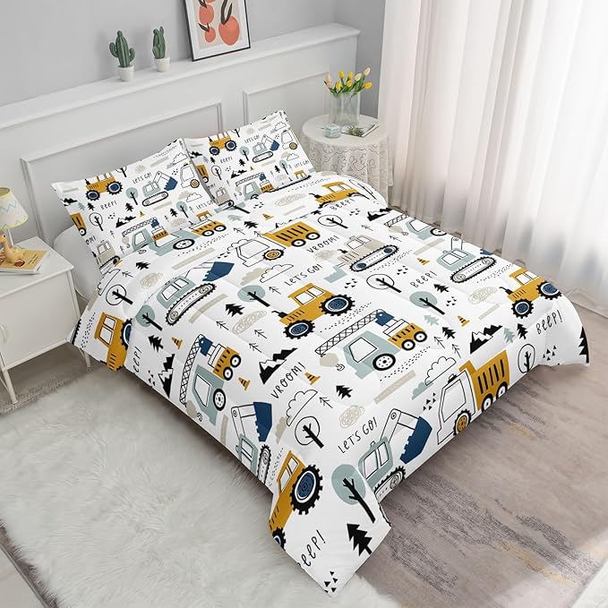 Datura home Kids Cartoon Excavator Bedding Comforter Sets for Boy and Girls,Construction Truck Bulldozer Tree Pattern Comforter Set with 2 Pillowcase and 1 Comforter(Excavator Queen)