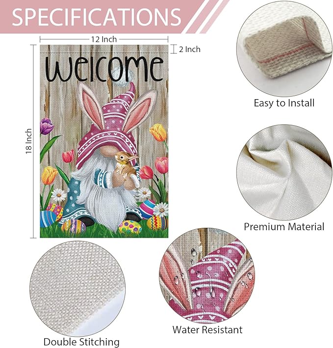 Welcome Easter Gnome Garden Flag 12x18 Double Sided Burlap, Funny Bunny Floral Small Yard Flag Banner for Holiday Farmhouse Outdoor Decor (ONLY FLAG)